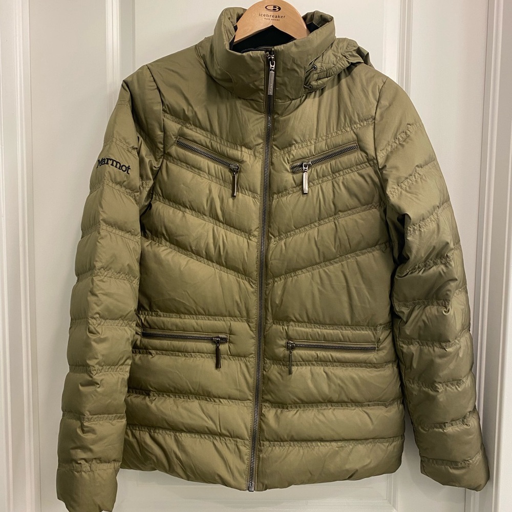 Marmot Sage Green Quilted Down Jacket with removable hood